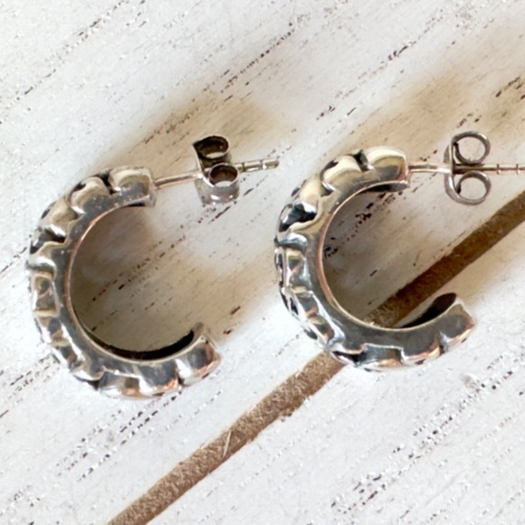 Vintage 925 Sterling Silver Heart Design Semi Hoop Earrings - Picture 4 of 7